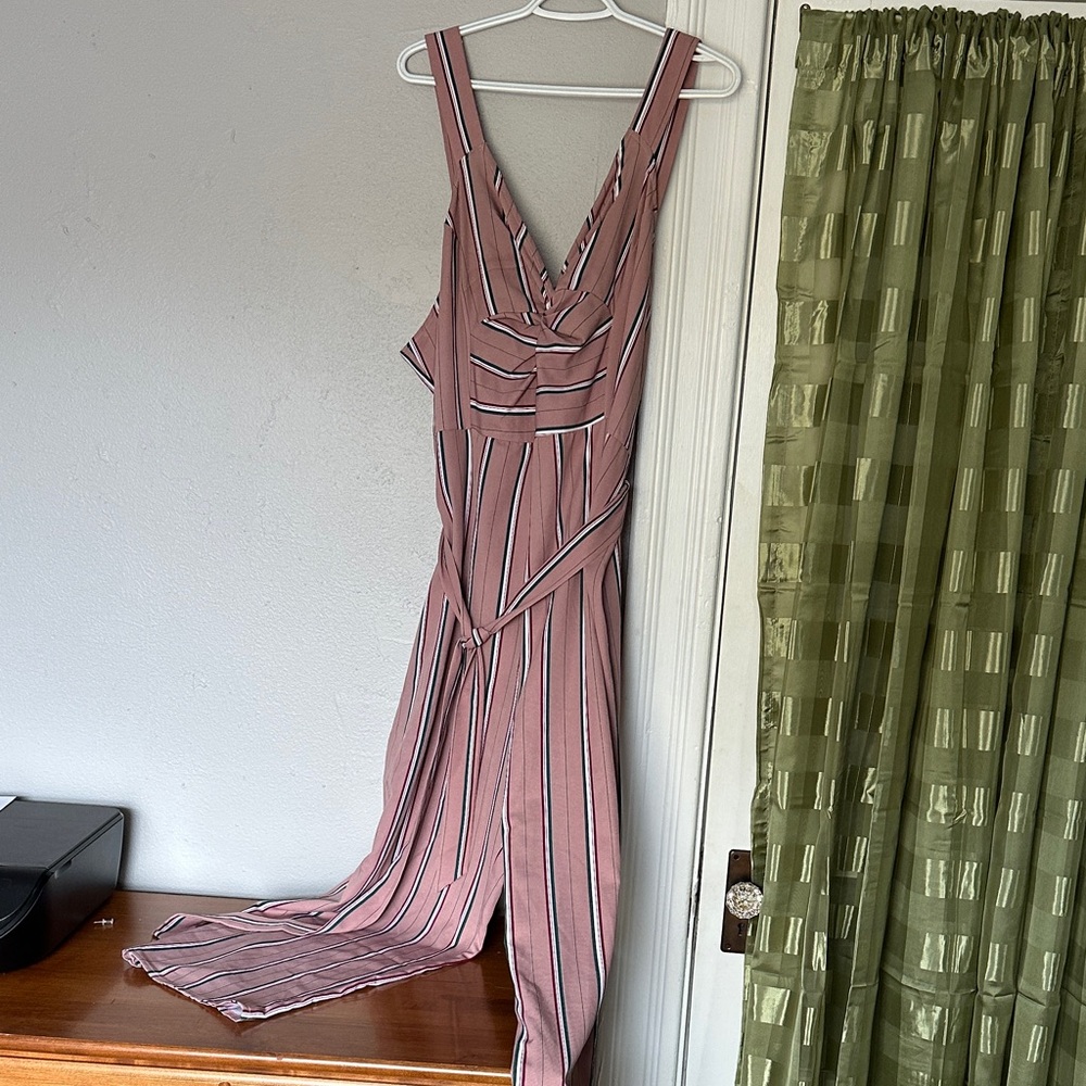 Unique21 Asymmetrical Pink and Green Striped Jumpsuit